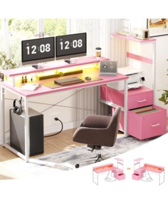 Gaming Desk with Outlets and LED Light, 59'' Reversible Computer Desk with File Drawers & Monitor Stand