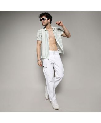 Men's Men's White & Green Unbalanced Striped Woven Shirt