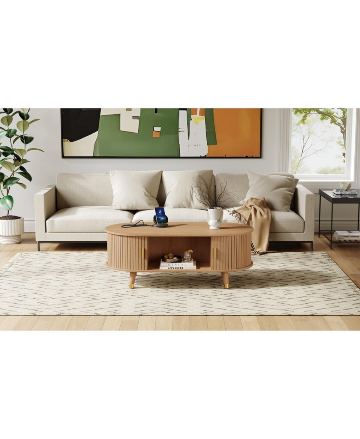 Streamdale Oval Fluted Coffee Table with Charging Station - Mid-Century Style