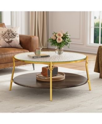 Streamdale Modern Round Walnut Coffee Table with Glass Top & Gold Base
