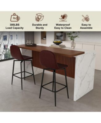 Modern Kitchen Island Set with 2 Bar Stools - White Marble Look, LED Lighting & Grill Design