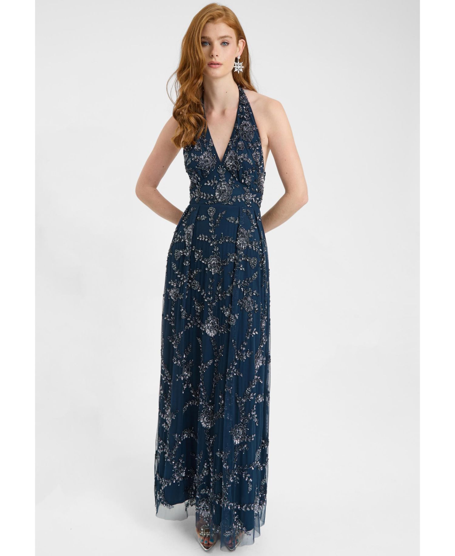 Women's Embellished Sequin Beaded Maxi Dress With Halter Neck With Deep V-Cut