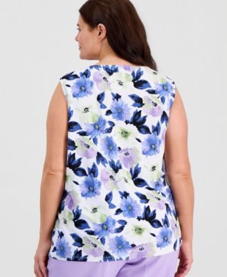 Plus Size Sleeveless Shirred Floral Shell