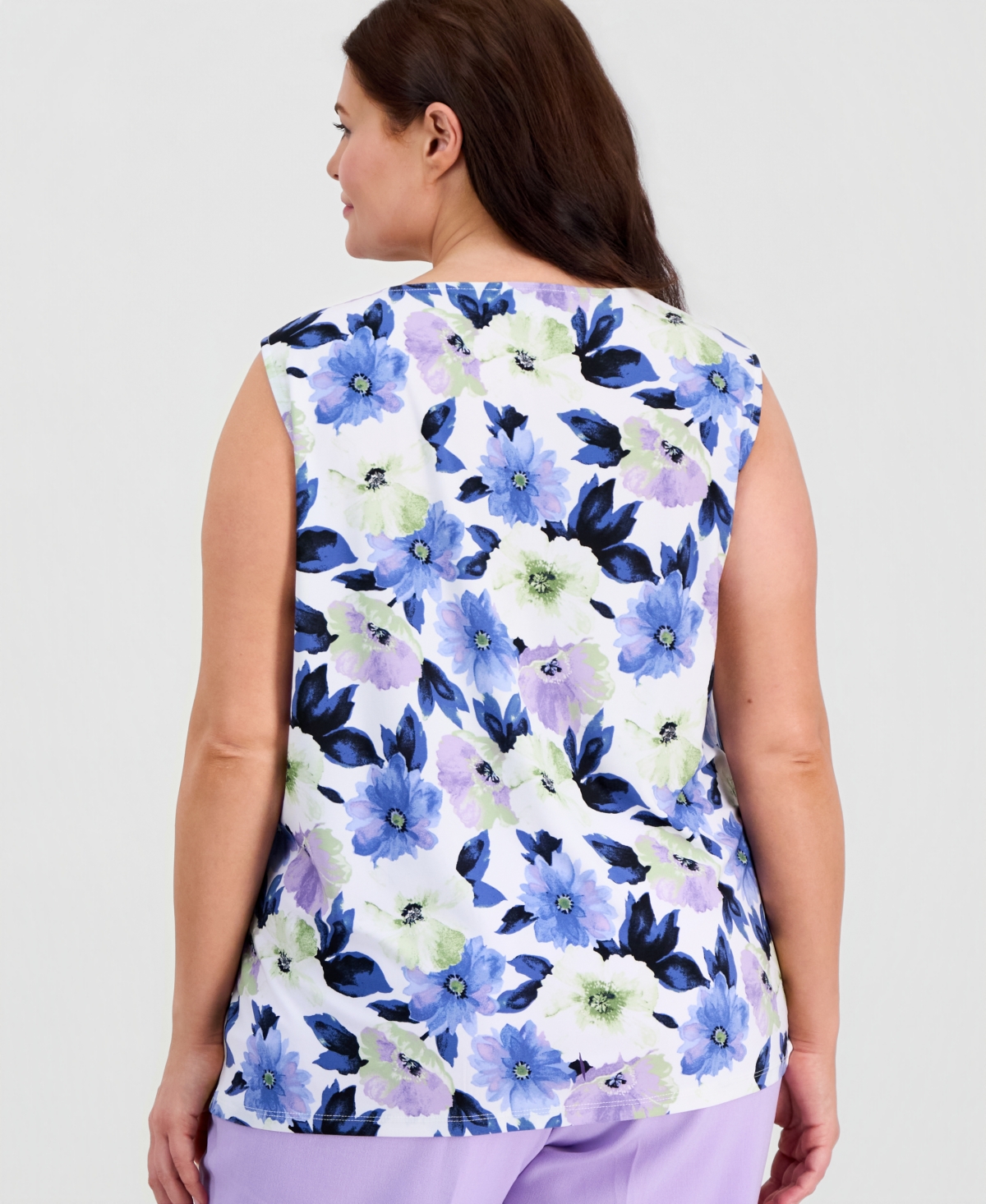 Kasper Plus Sleeveless Shirred Floral Shell