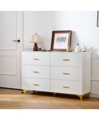 Six drawers, golden straight aluminum handle, golden triangle legs, white locker