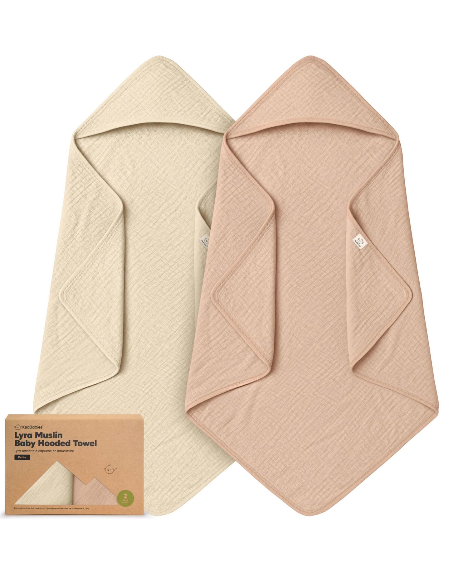 2pk Lyra Muslin Baby Towels with Hoods for Girl, Boy, Soft, Absorbent, Cotton Hooded Baby Bath Towels