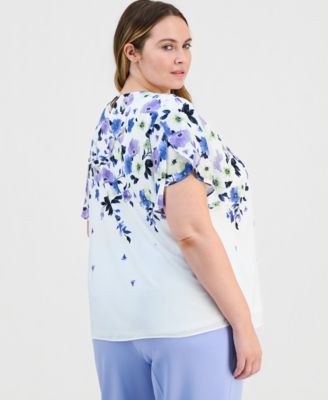 Plus Size Placed-Floral Tulip-Sleeve Blouse