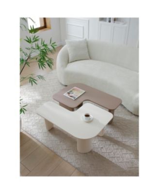 2 Pcs Modern Modular Coffee Table Set, Farmhouse Tables w/ Multi-layer Paint, Khaki+White
