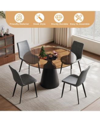 35" Round Dining Table & 4 Chairs Set - Mid-Century Modern Glass Top