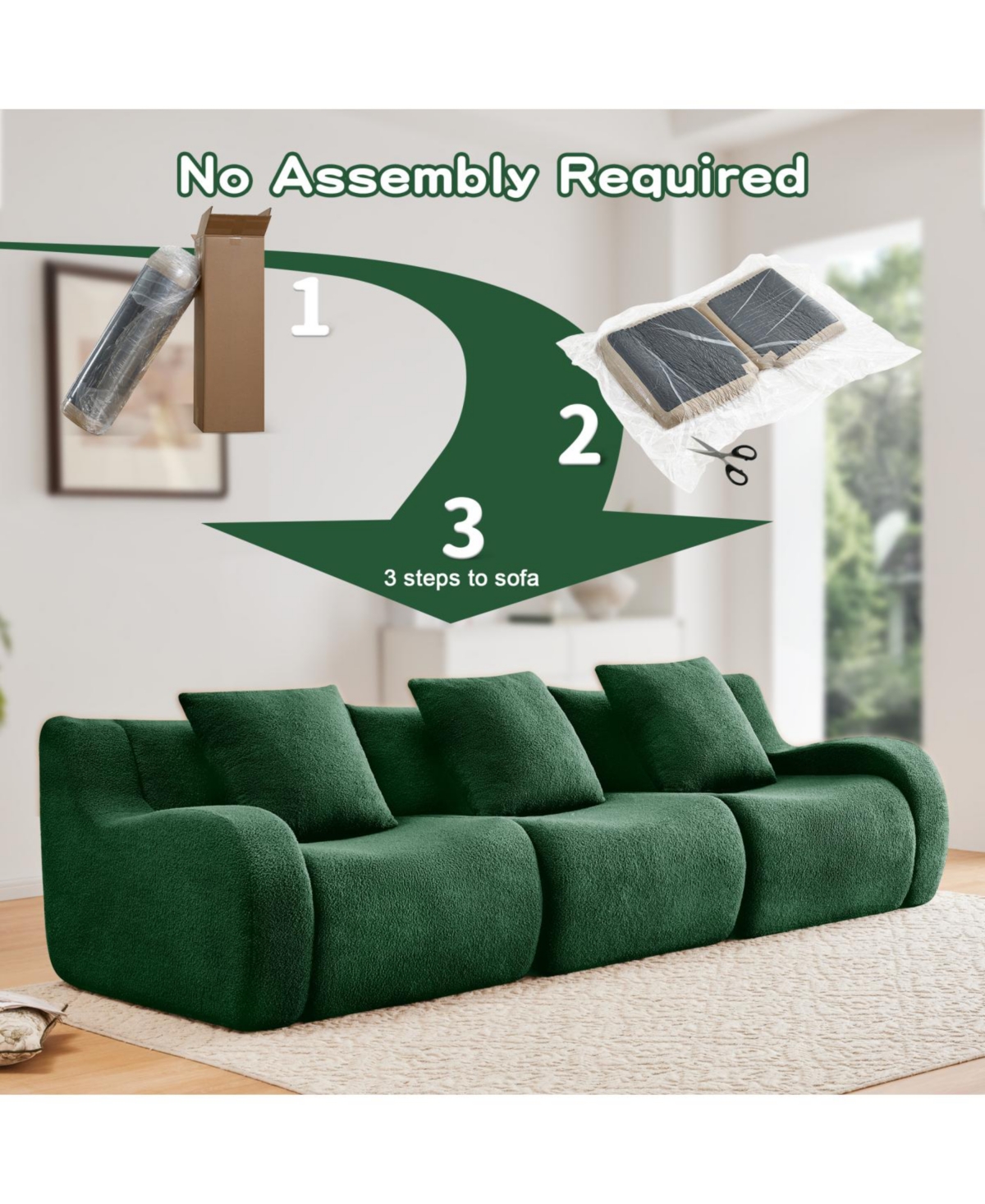 Streamdale Furniture Boneless Sofa, 3 Seat Teddy Fabric, Anti-Slip, Curved Armrests