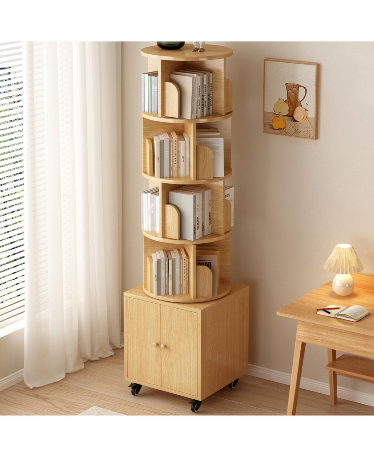 Streamdale Furniture Rotating Bookshelf, 360 Display 5 Tier Corner Bookshelf with Drawer