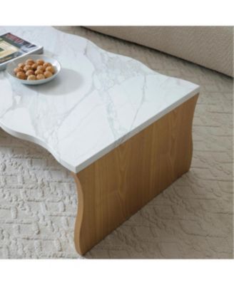 Whisper of Waves Modern Coffee Table, Marble & Solid Wood Base
