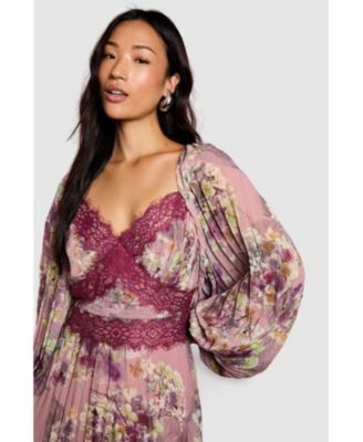 Women's Pleated Lace Trim Midaxi Dress