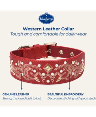 Western Style Full Grain Genuine Leather Embroidered Dog Collar with Pearl or Turquoise Studs