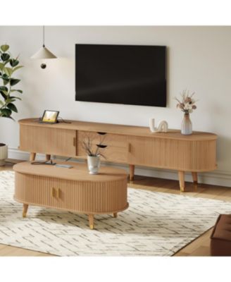 Wooden Farmhouse TV Stand & Coffee Table Set with Charging Station