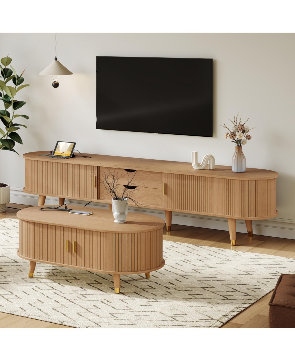 Streamdale Furniture Wooden Farmhouse Tv Stand & Coffee Table Set with Charging Station