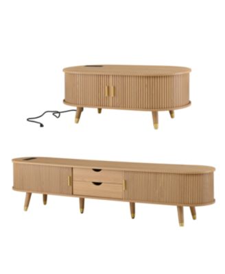 Wooden Farmhouse TV Stand & Coffee Table Set with Charging Station