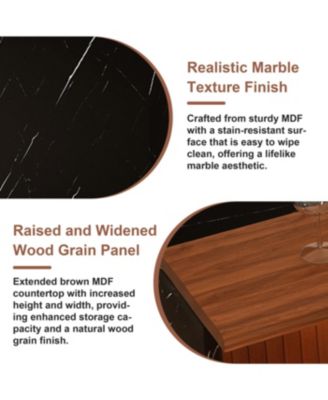  63-inch Modern Kitchen Island Set with 2 Bar Stools - Black Marble Look, LED Lighting & Grill