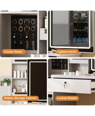  Vanity Desk Set with Lighted Mirror, 4 Drawers, 9 Storage Spaces & Stool, White