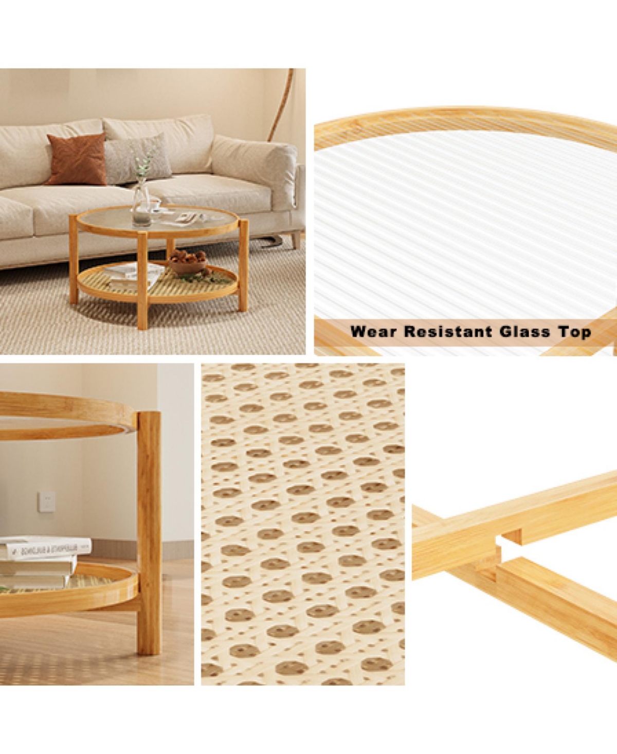 Streamdale Furniture Rattan Coffee Table with Glass Top and Storage Shelf, Modern Round