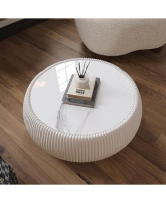  Light Marble Top Leather Drum Coffee Table for Living Room