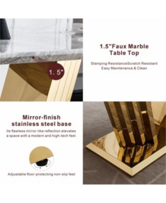 Marble Dining Table for 6, 70" Rectangle Faux Marble w/Mirrored Stainless Steel Base (Gold, Grey)