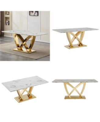  Marble Dining Table for 6, 70" Faux Marble Rectangle Table with Mirrored Stainless Steel Base (Gold, White)