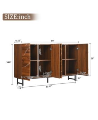 Modern Art Solid Wood Sideboard, 59"W, Wave Relief, Walnut Texture, Iron Legs