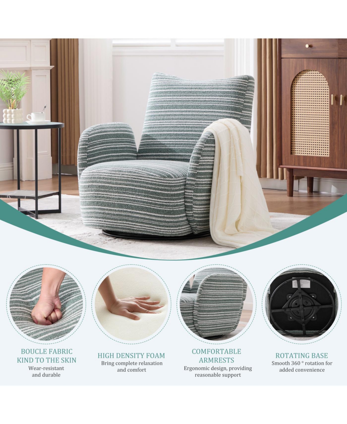 Streamdale Furniture Modern Style Swivel Leisure Chair with Striped Armrest