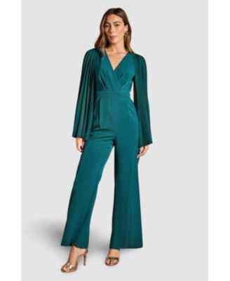Women's V Neck Pleated Long Sleeve Jumpsuit