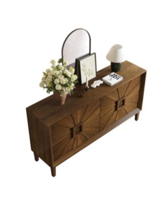 Streamdale Rustic Farmhouse Credenza - Sunburst Doors, Adjustable Shelves (Antique Brown