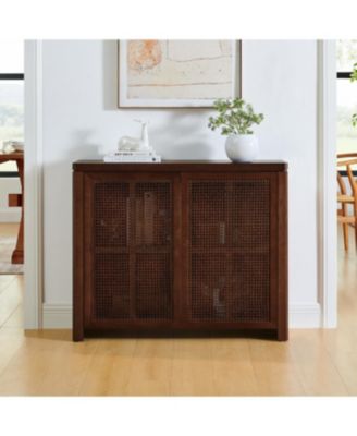 Mid Century Modern Rattan Sideboard Buffet Cabinet with 2 Outlets, Walnut