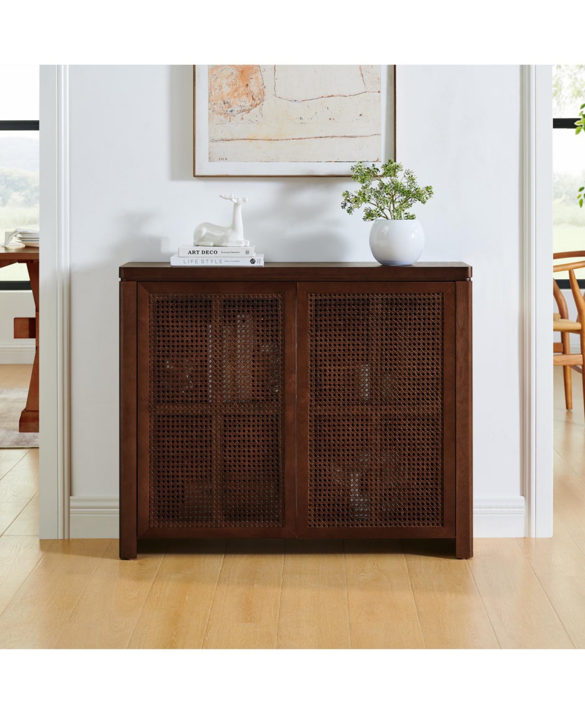 Streamdale Furniture Streamdale Mid Century Modern Rattan Sideboard Buffet Cabinet with 2 Outlets, Walnut