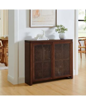 Mid Century Modern Rattan Sideboard Buffet Cabinet with 2 Outlets, Walnut