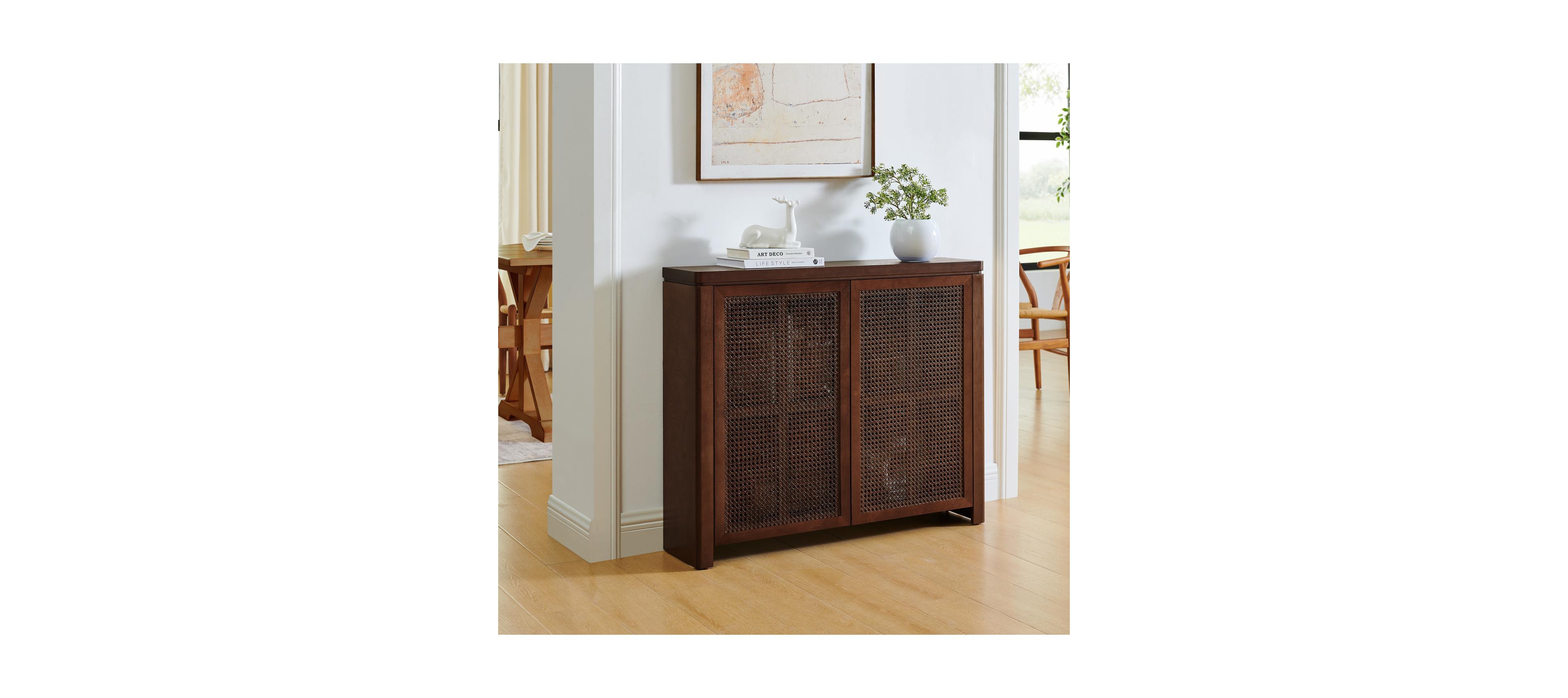 Streamdale Furniture Streamdale Mid Century Modern Rattan Sideboard Buffet Cabinet with 2 Outlets, Walnut