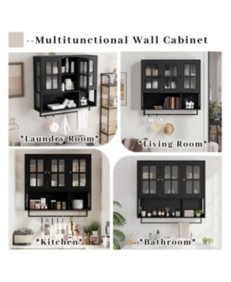  Bathroom Wall Cabinet, 3-Door Wooden Cabinet with Open/Hidden Storage, Black
