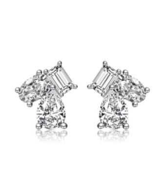 Sterling Silver Cubic Zirconia Three-Stone Cluster Stud Earrings in White Gold Plated or 14k Gold Plated