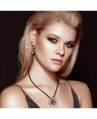 Large Flower Rose Pendant Necklace Black Silk Cord Hollow Oxidized Sterling Silver16 Inch