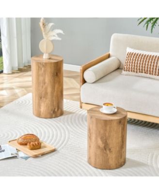 Modern Minimalist Wood Cylinder Marble-Patterned MDF Coffee Tables (Set of 2)