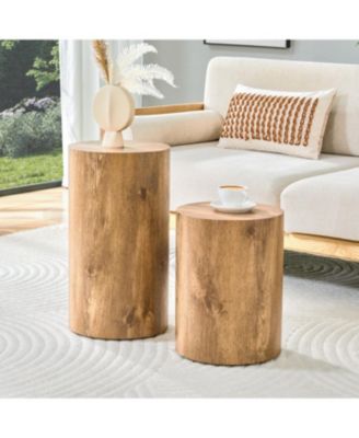 Modern Minimalist Wood Cylinder Marble-Patterned MDF Coffee Tables (Set of 2)