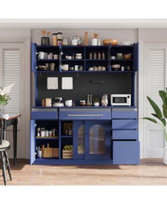  Freestanding 63" W Buffet with Hutch, Coffee Bar Storage Cabinet, Blue