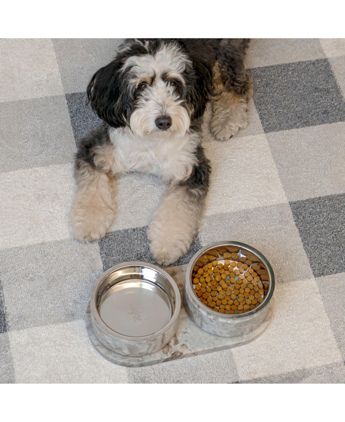 The Licker Store Marbre Small/Medium Modern Weighted Double Marble and Stainless Steel Bowl 12oz (1.5 Cups) Feeder with Non-Slip Tray Set