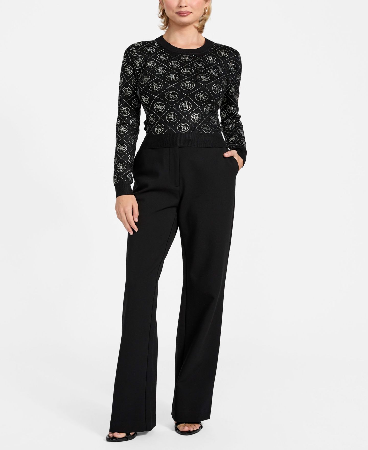 Женский свитер GUESS Long-Sleeve Crewneck Rhinestones 4G, цвет: Чёрный — фото 2