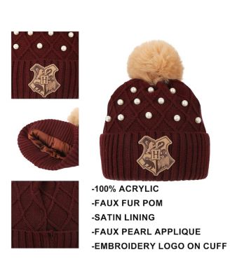 Men's Hogwarts Crest & Pearl Appliques Maroon Cuff Beanie