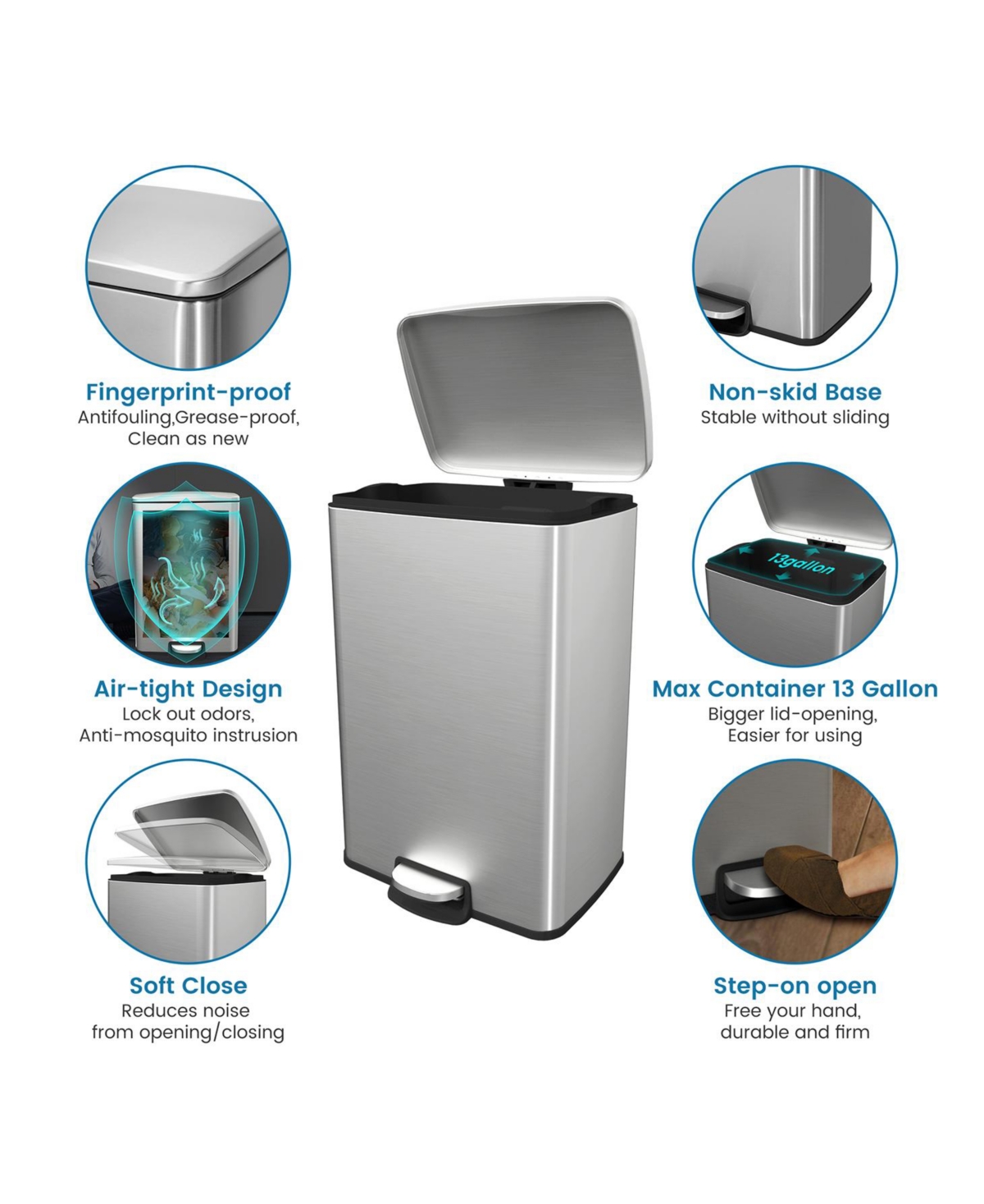 13.1 Gal./50 Liter Stainless Steel Step Trash Can with Soft-Close Lid, Rectangular Pedal Garbage Bin for Kitchen, Office, or Bathroom