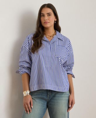 Plus Size Striped Long-Sleeve Broadcloth Cropped Shirt