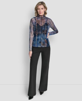 Women's Long-Sleeve Exposed Seam Mesh Top with Sleeveless Camisole