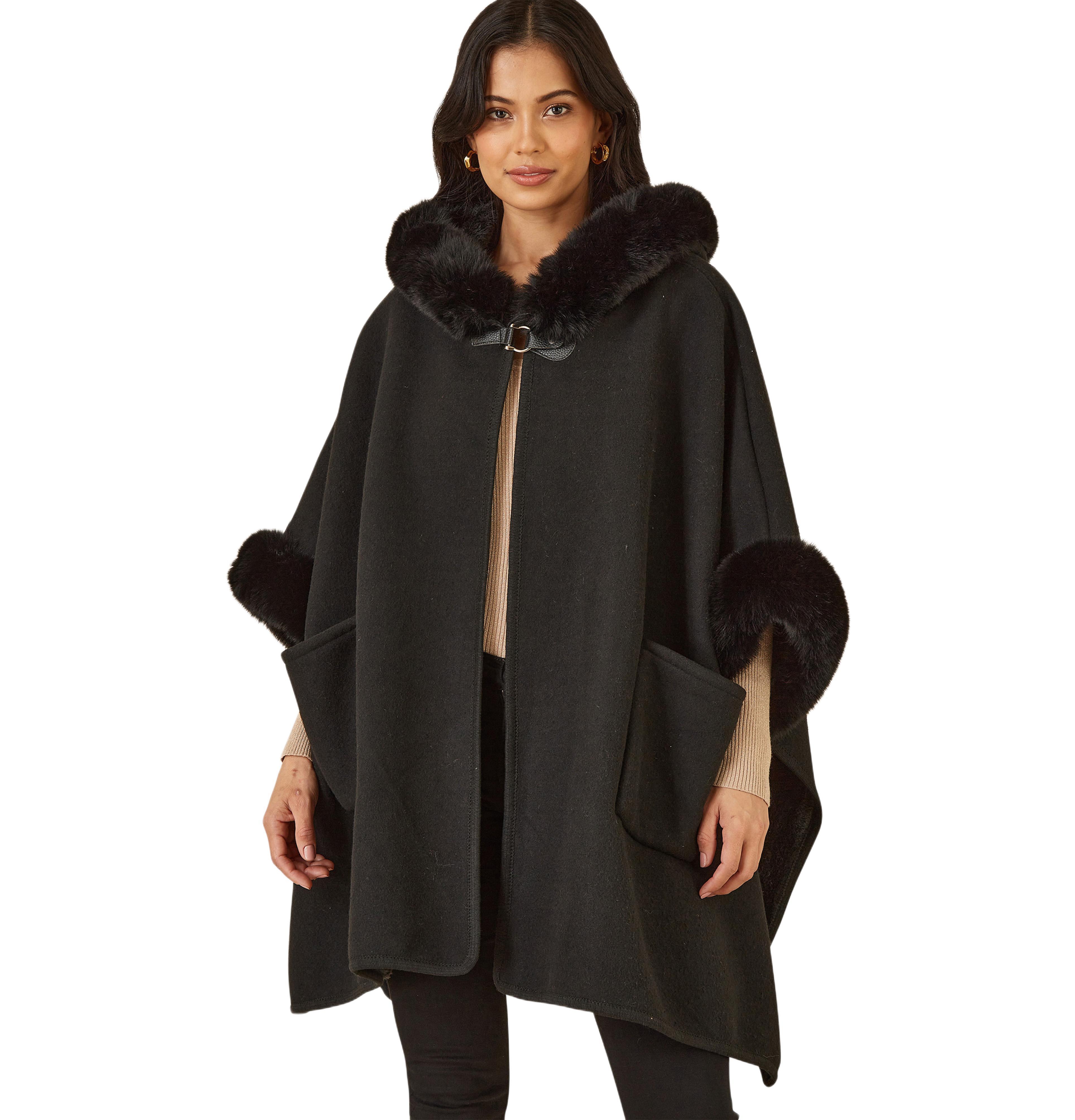 Yumi Women's Hooded Fur Cape Jacket