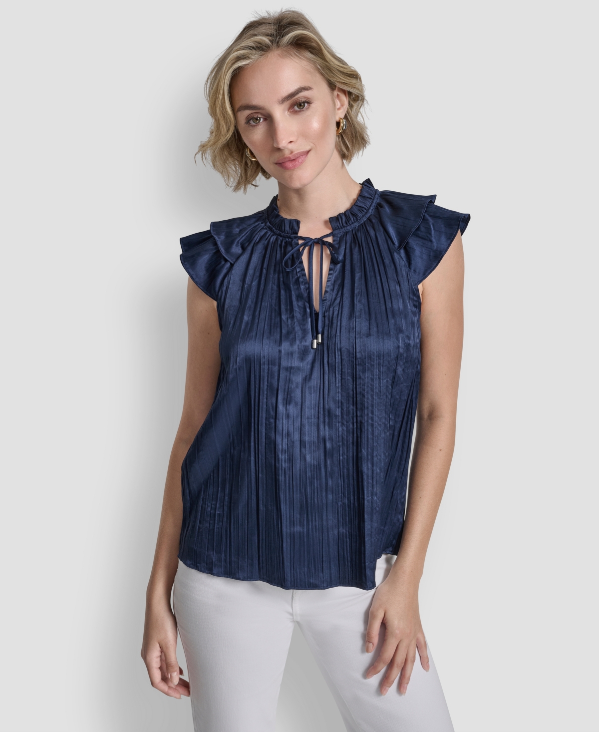 Dkny Women's Short-sleeve Pleated Tie Front Blouse In Blue