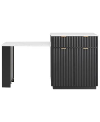 Fluted Kitchen Island with Extendable Dining Table, Power Outlet & Storage